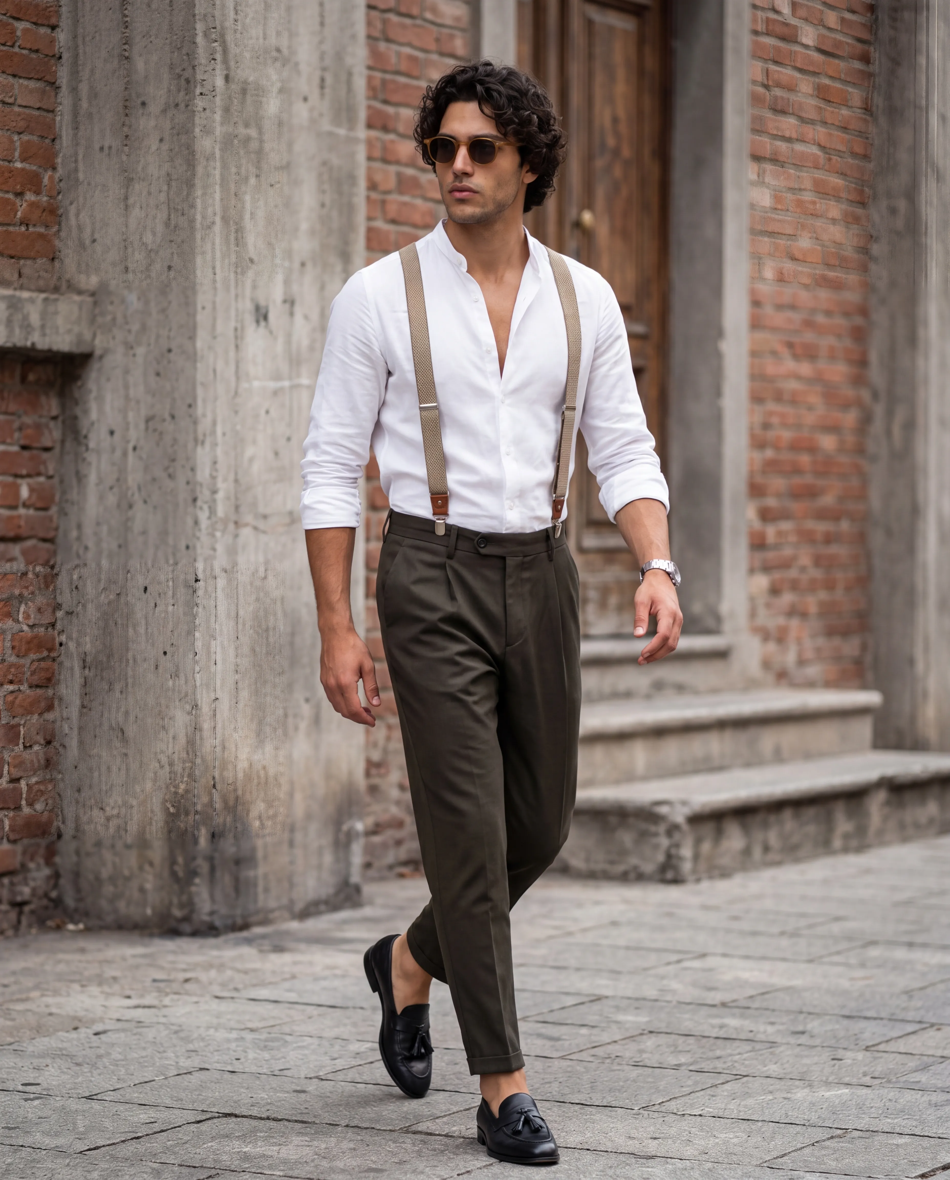 Man in white shirt and tan suspenders on cobblestone street — AI accessories photography for ecommerce
