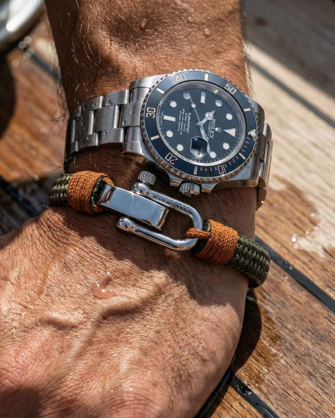 Steel diver watch and paracord bracelet on wrist, boat deck — AI accessories photography for ecommerce