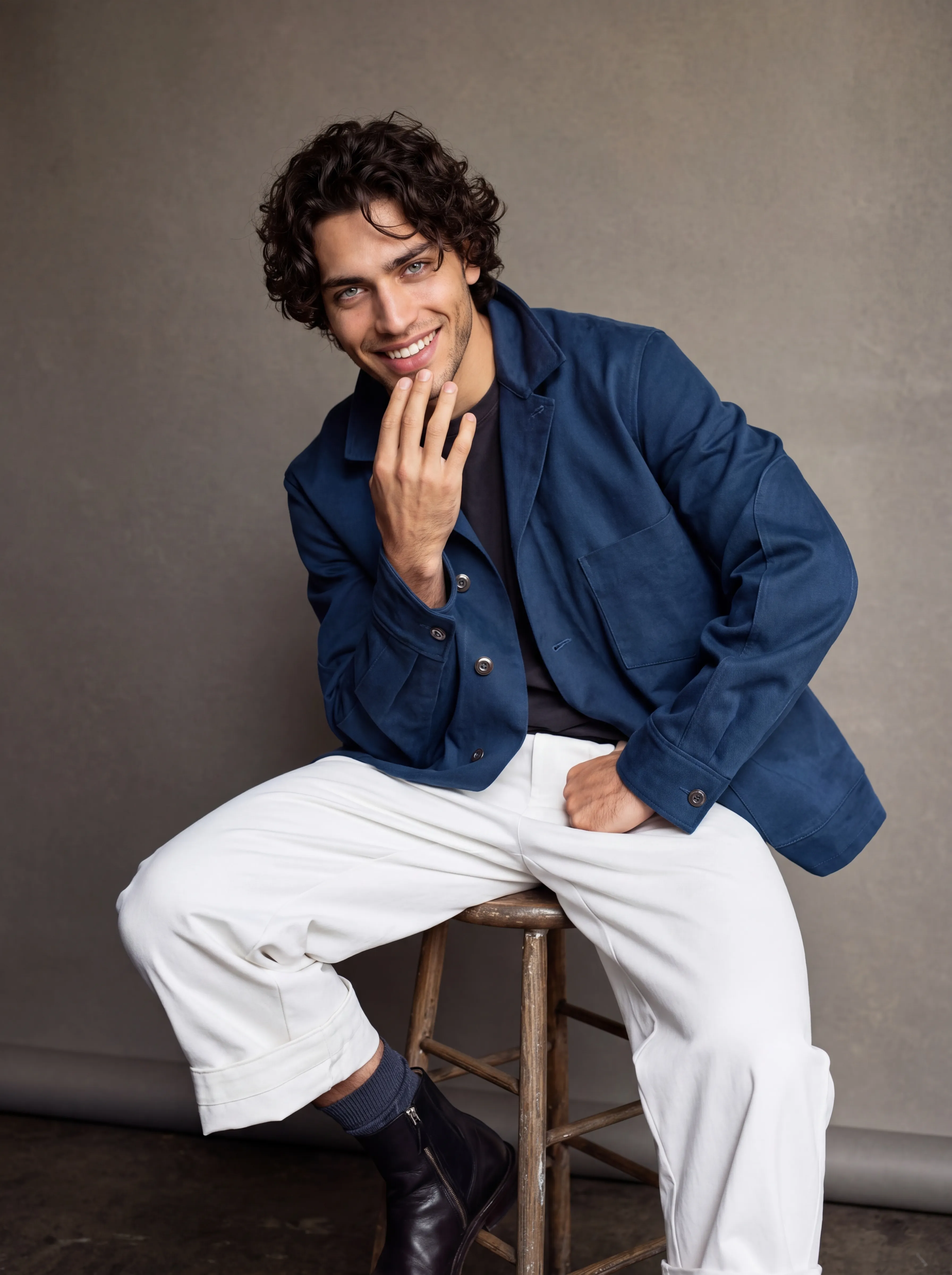 Man in navy chore jacket and white trousers on stool — AI menswear photography for ecommerce