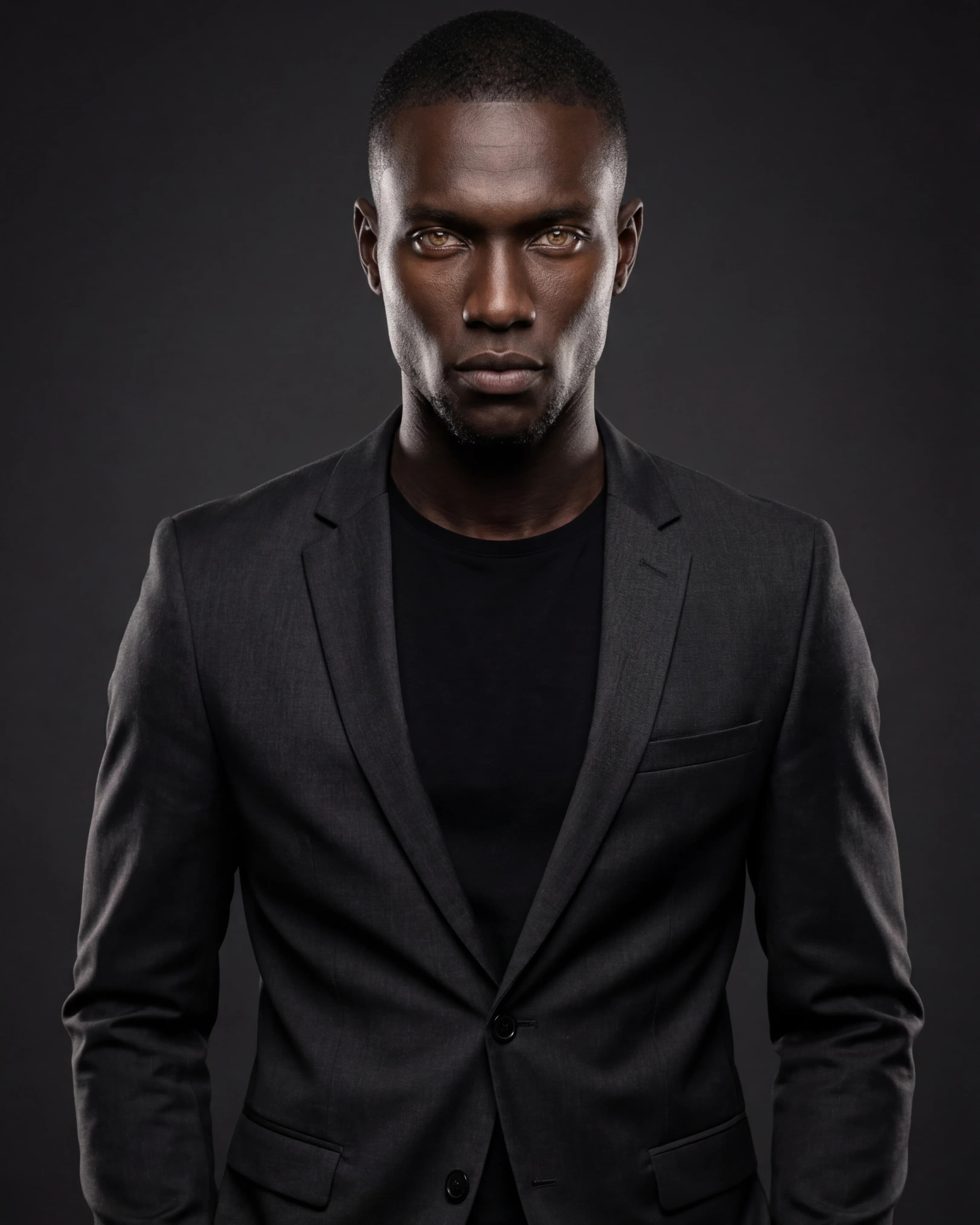 Man in dark grey blazer under dramatic studio lighting — AI menswear photography for online stores
