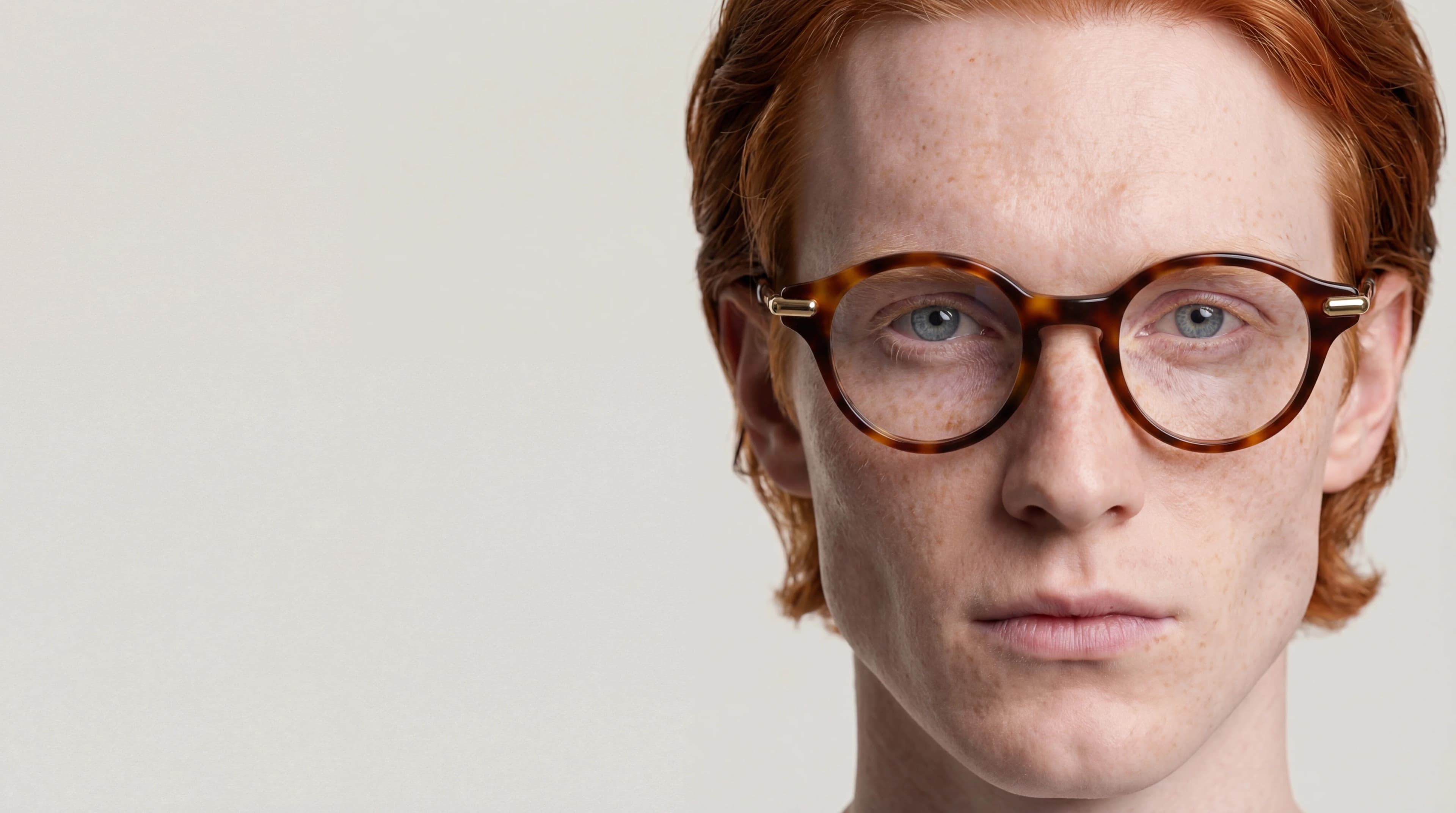 Close-up of man in tortoiseshell round eyeglasses — AI eyewear photography for ecommerce