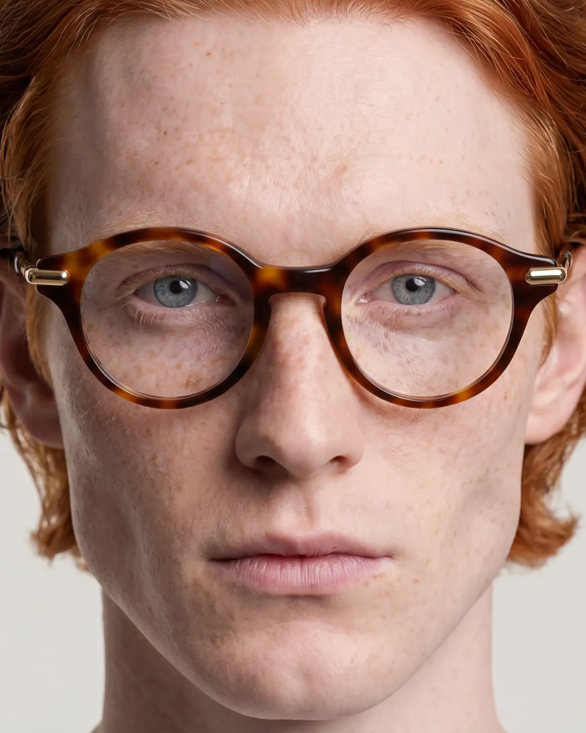 Close-up of man in tortoiseshell round eyeglasses — AI eyewear photography for ecommerce