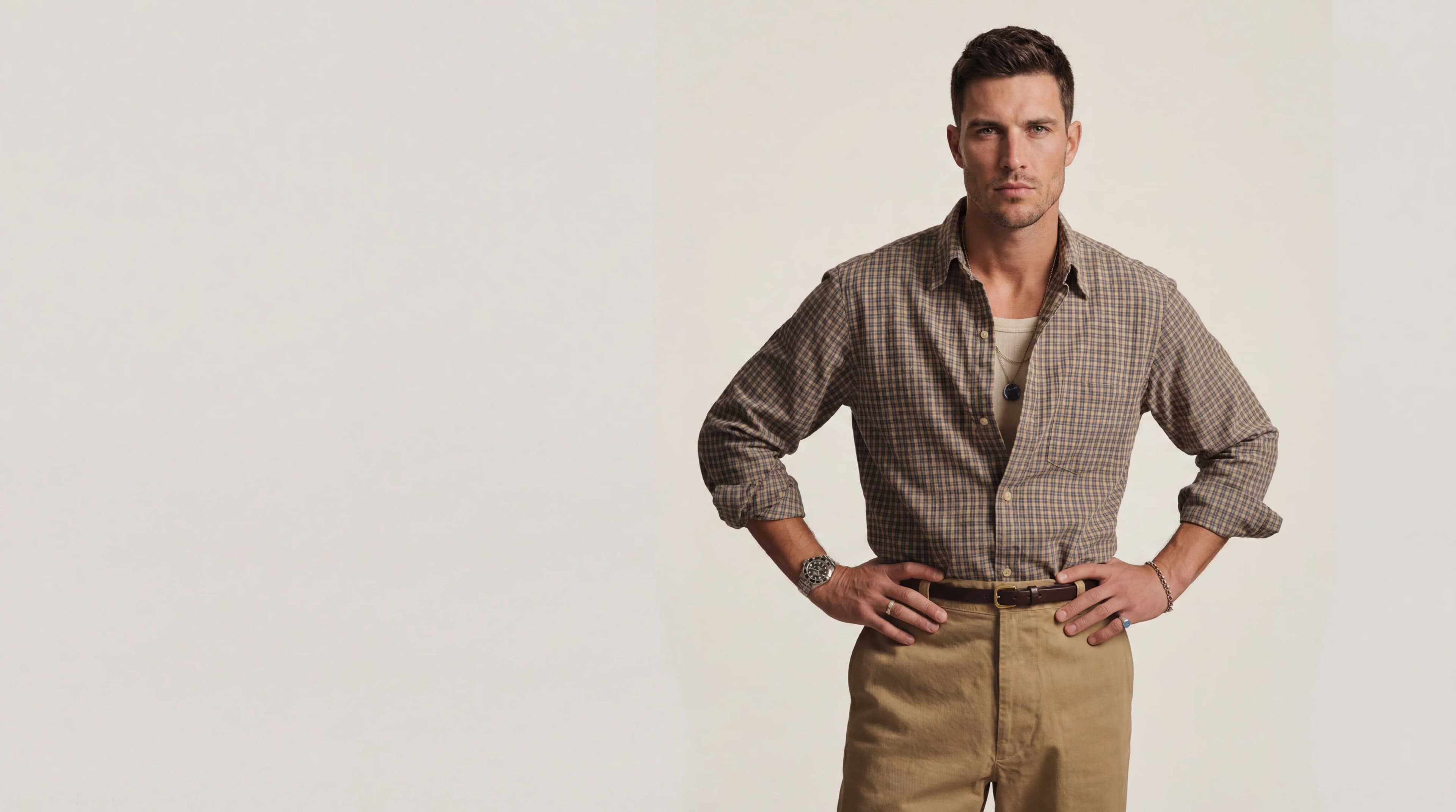Man in checkered shirt and khaki pants — AI menswear product photography for ecommerce and social