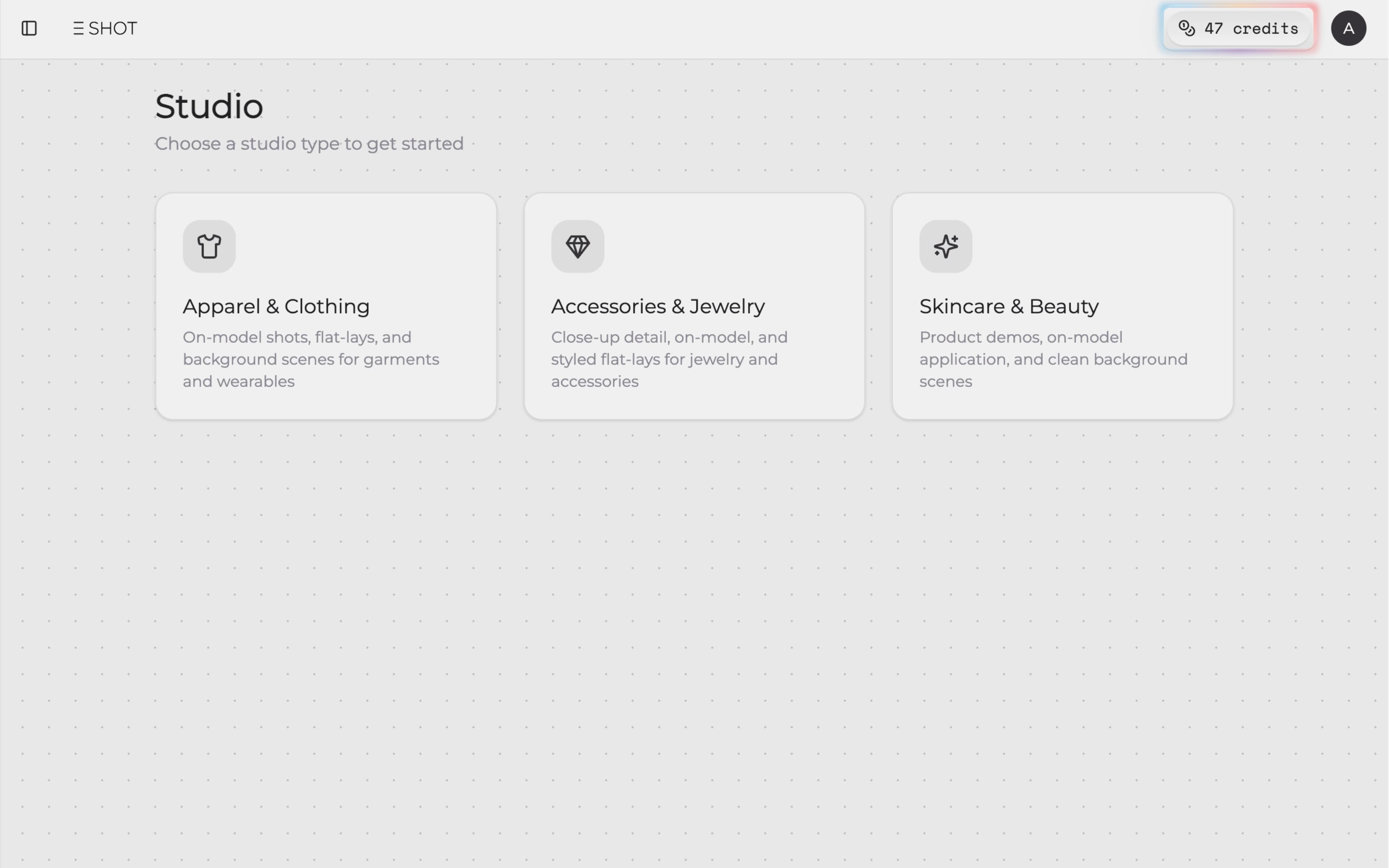 Eshot Studio step 1 — product category selection screen, AI product photography workflow