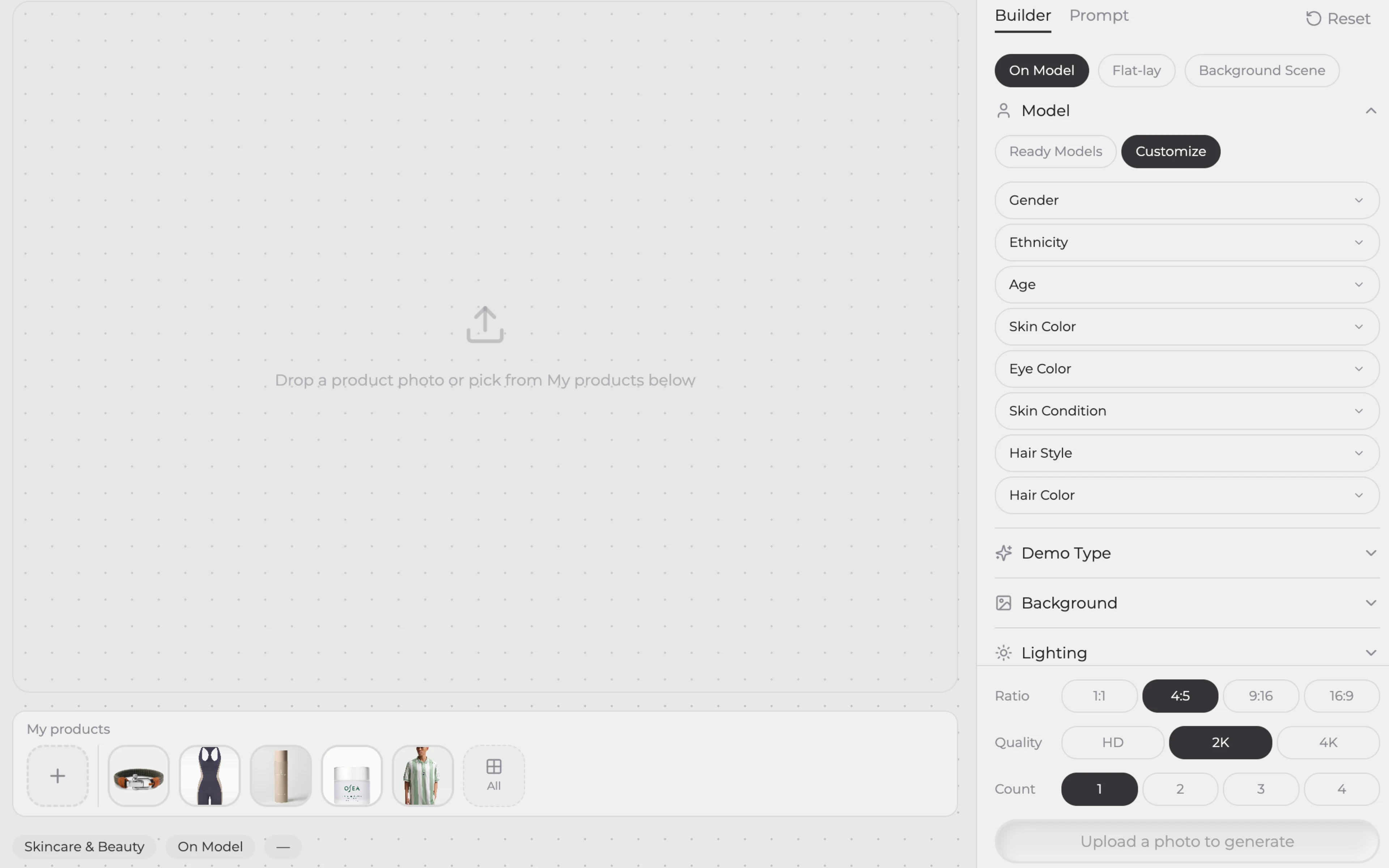 Eshot Studio step 2 — product upload screen with saved library, AI ecommerce photography workflow