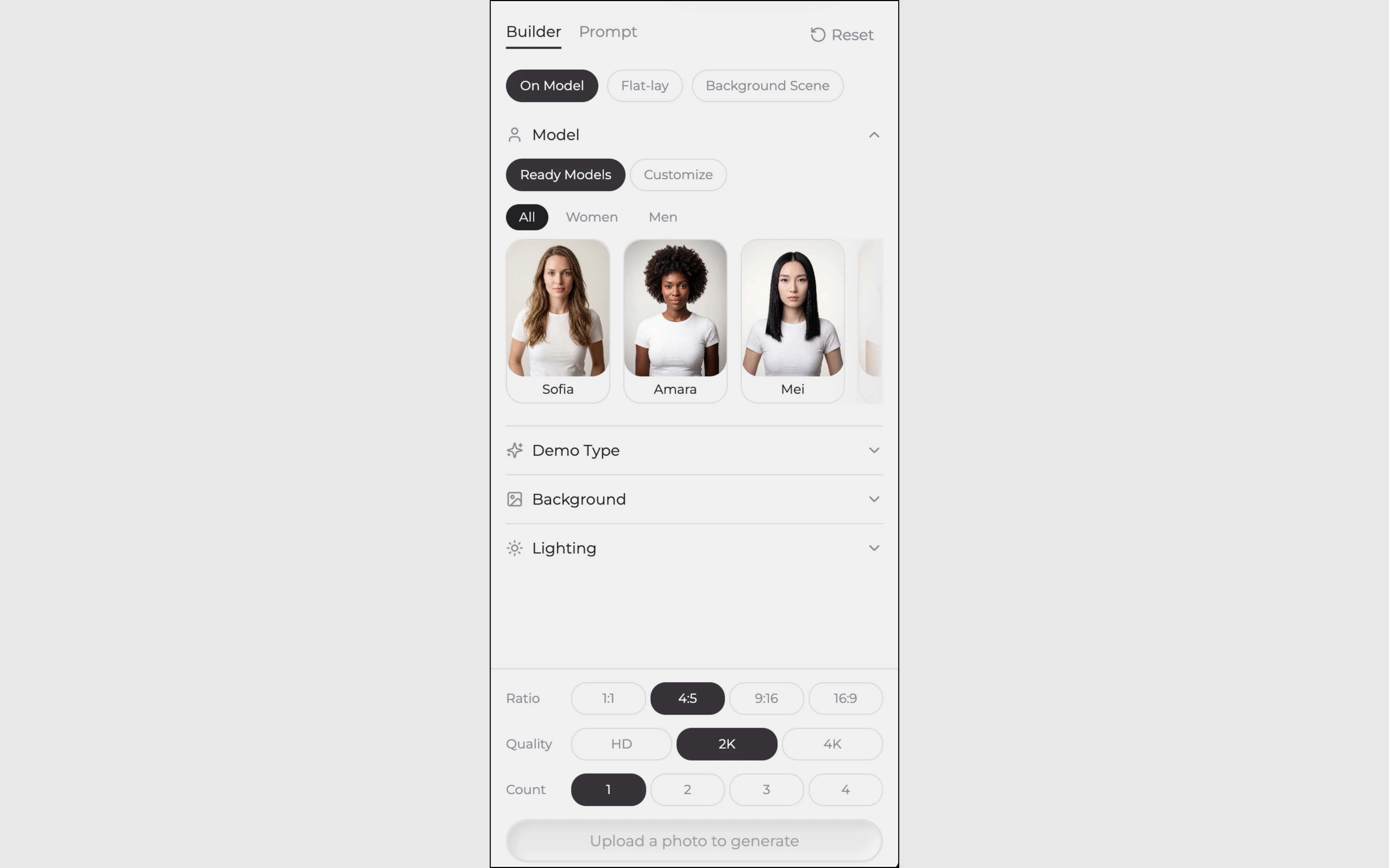 Eshot Studio step 3 — scene and preset selector, AI product photography shot type and lighting controls
