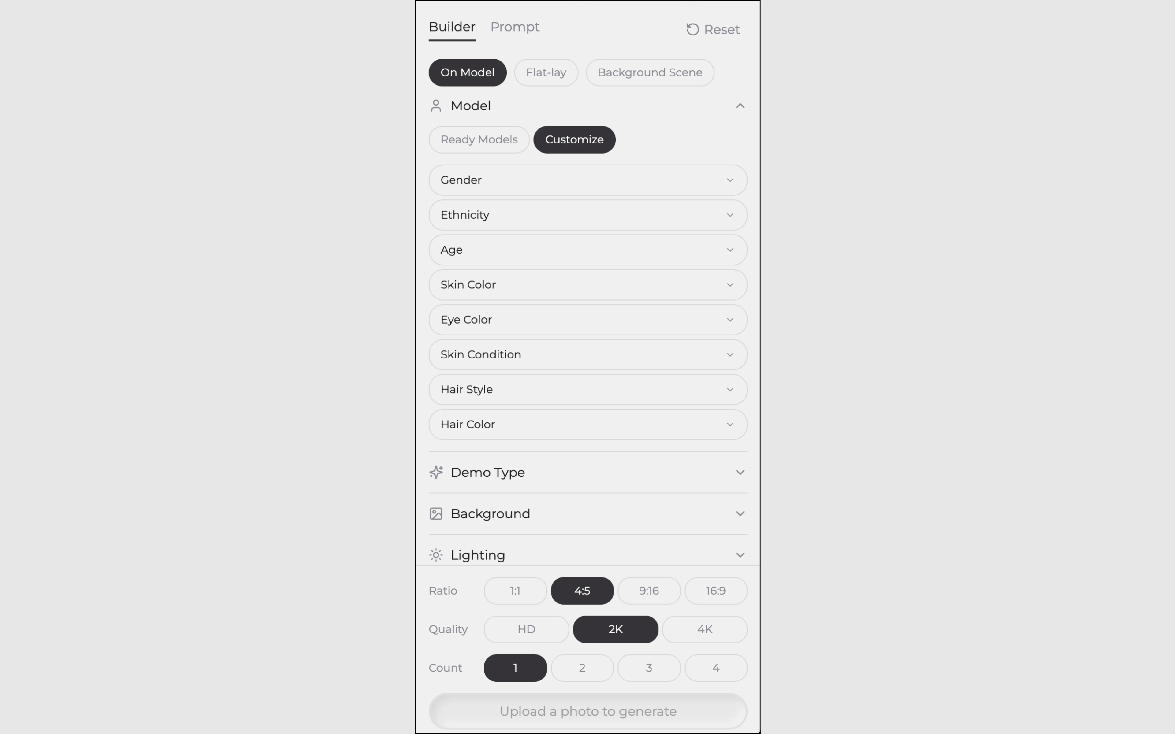 Eshot Studio step 4 — output controls for aspect ratio and quality, AI ecommerce image generation