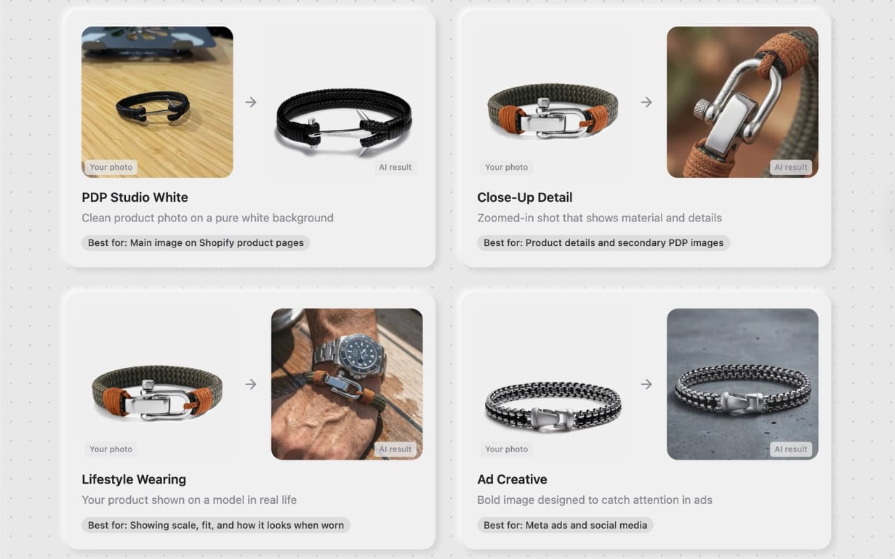 Step 1 — Choose a template in Eshot: PDP, Close-up, Ad Creative, Lifestyle, or Grid