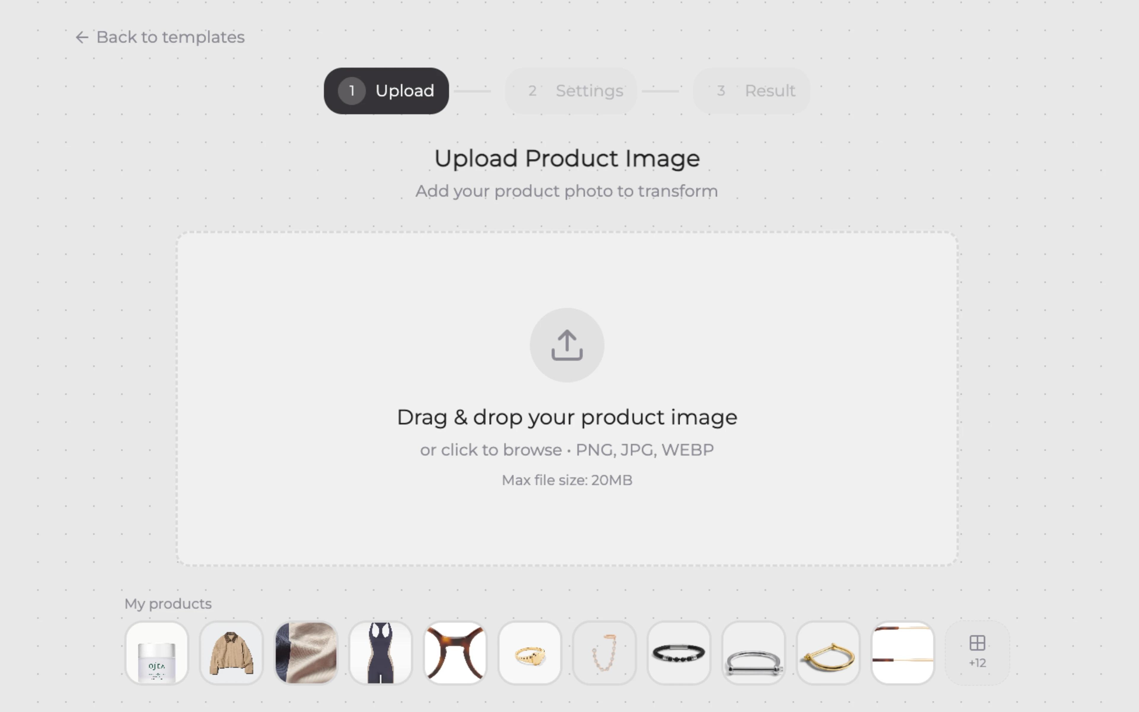 Step 2 — Upload product photo or select from saved library in Eshot
