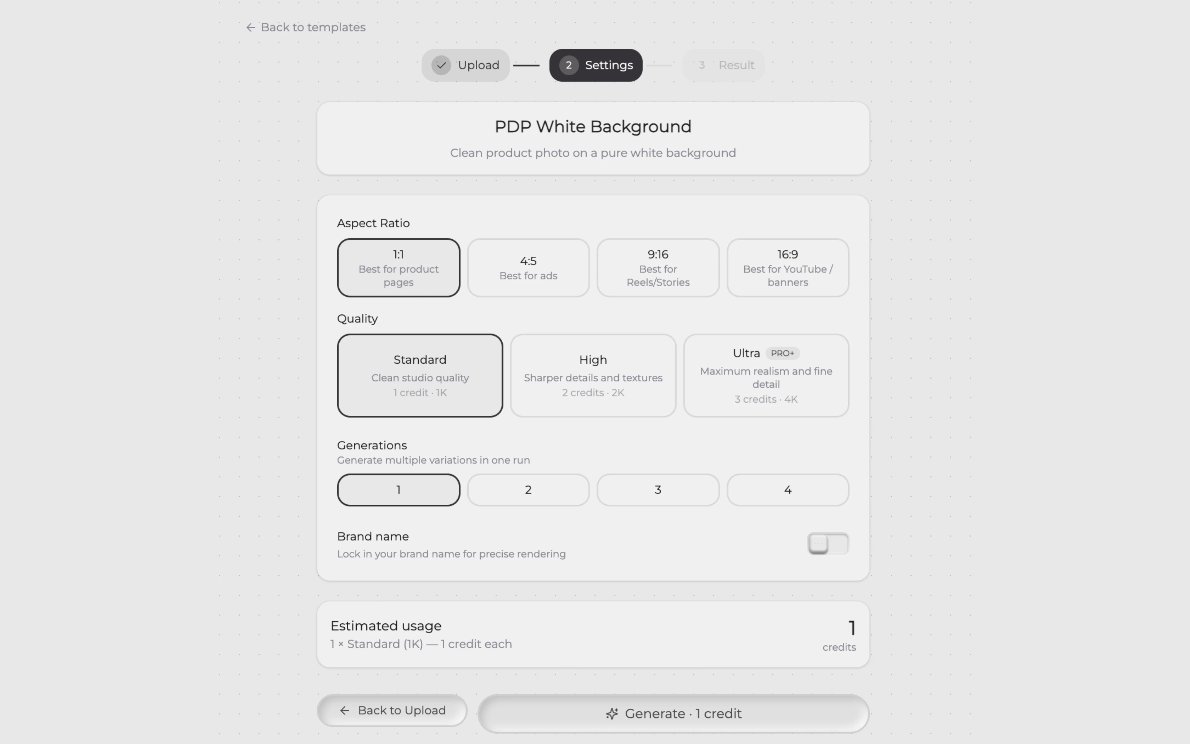 Step 3 — Set aspect ratio, quality, and quantity in Eshot output controls