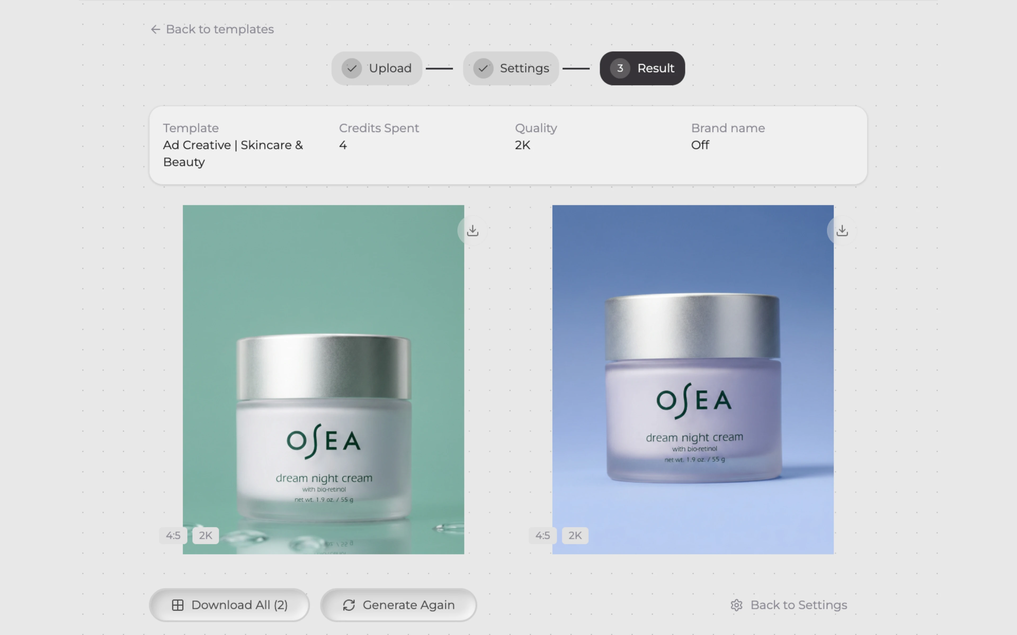 Result — Download AI-generated product visuals ready for ecommerce channels